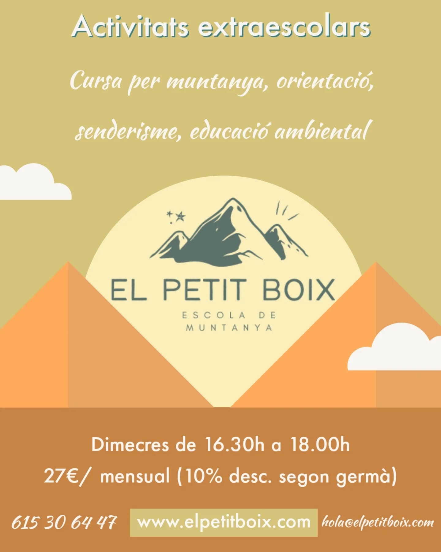 🌲 Extraescolar Escola de Muntanya 🧭

Una activitat setmanal per a nens i nenes de 1r a 6è de primària on descobriran la natura mentre practiquen senderisme, escalada, curses per muntanya, orientació i molt més! 🥾⛅

📅 Dimecres de 16:30 a 18 h
📍 Escola Mª Jesús Ortí Abella
💰 27 €/mes (10% descompte al 2n germà)
🏞 Sortides trimestrals al Parc Natural dels Ports i la Tinença de Benifassà!

👉 Aprendre, jugar i créixer envoltats de natura i valors 🌿
Inscripcions obertes! Escriu-nos 📩

@elpetitboix
#escolademuntanya #elpetitboix #extraescolars #natura #senderismeinfantil #pnports #pntinença #orientació #escaladainfantil #lasénia #terresdelsenia #parcnaturaldelsports #parcnaturaltinença