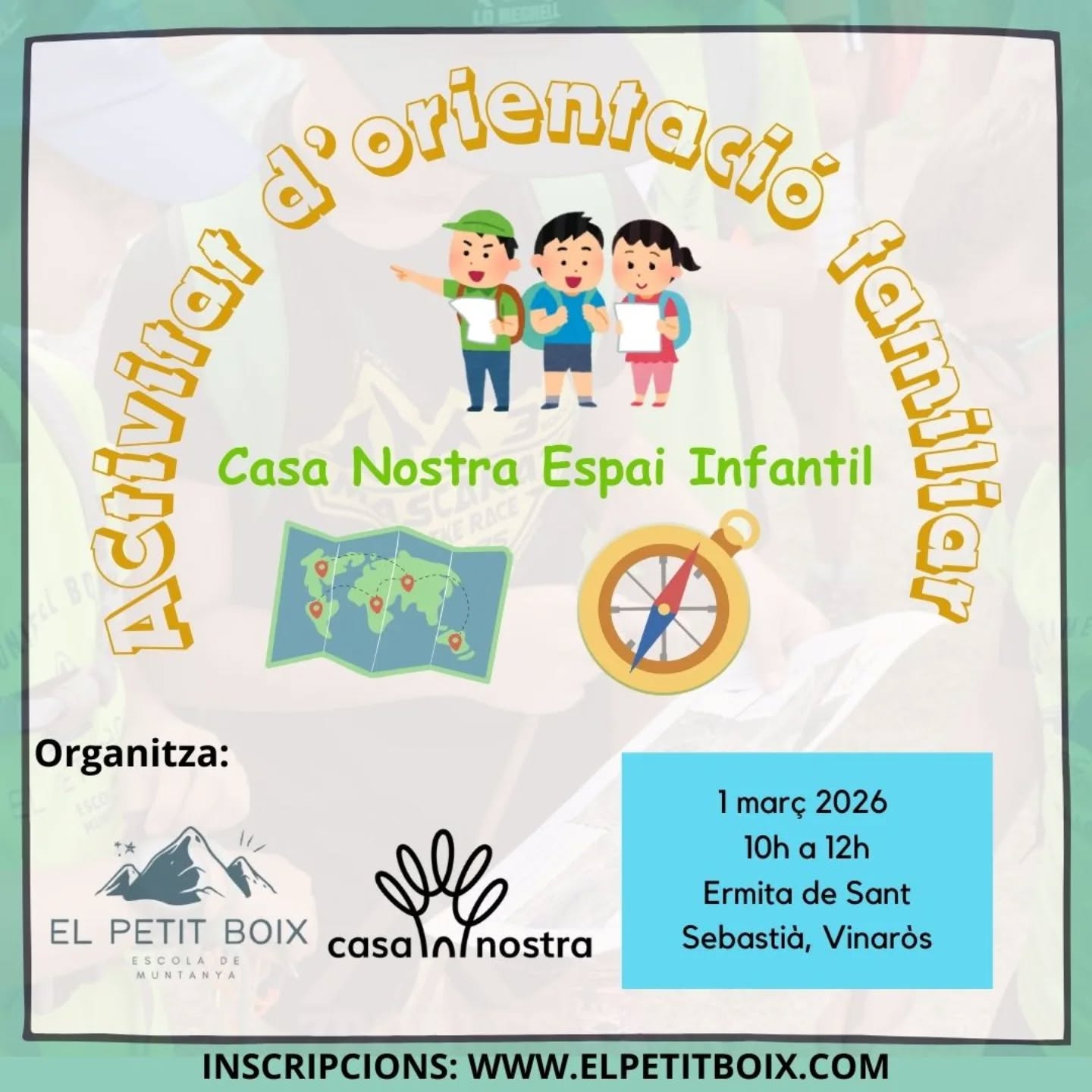 ✨📍 3a Activitat d’Orientació a la Natura amb Casa Nostra Espai Infantil

🗓 Diumenge 1 de març de 2026 — 10:00 h

Uneix-te a una matinada de descoberta i natura en família! 🌿🧭

Amb mapa i brúixola, explorarem l’entorn natural mentre busquem balises, identifiquem animals i vivim una aventura educativa junts. 👣🔍

Després de recórrer el circuit, compartirem les observacions i gaudirem d’un petit vermut final amb les famílies participants. 🍹

📌 Horari i format:
10:00 — Recepció i presentació del grup
10:15 — Sortida grupal i primera balisa
10:30 — Recerca lliure de balises
11:30 — Presentació de troballes
12:00 — Cloenda + vermut 🍷

👉 Per a qui? Totes les famílies que vulguin passar un matí a l’aire lliure aprenent i jugant! 👫🌳

No et perdis aquesta experiència d’orientació i connexió amb la natura! 🍃🗺️

Inscripcions al web o la BIO 👆🏽

#elpetitboix #orientacio #natura #activitatfamiliar #educacioambiental