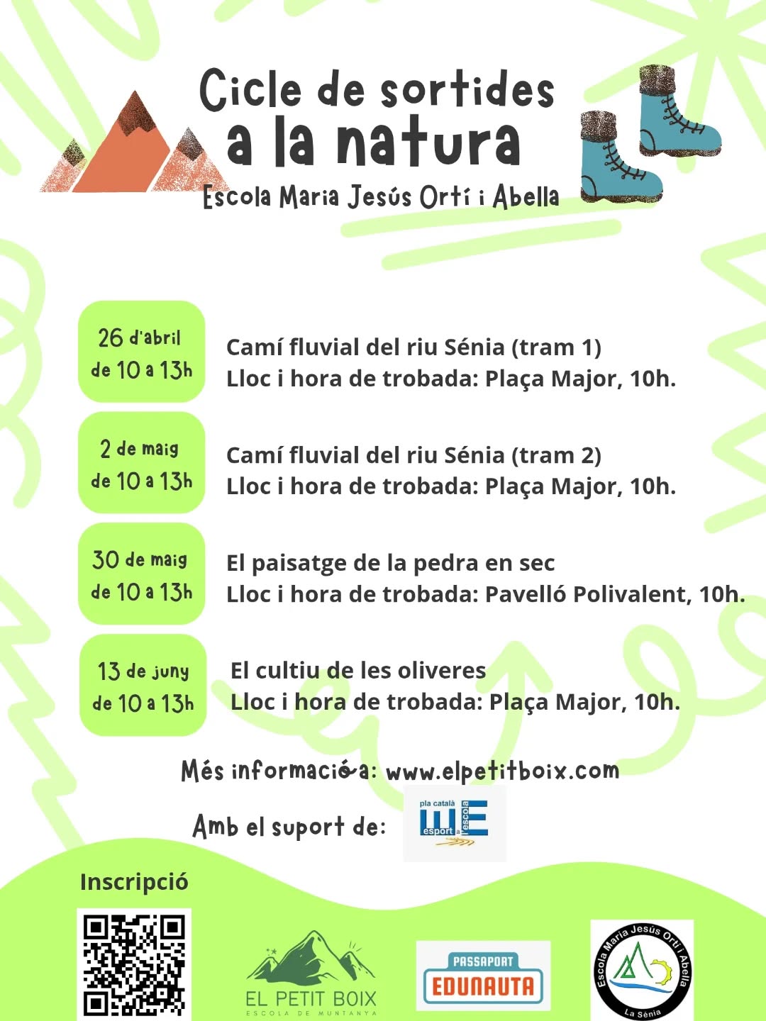 🌿 Cicle de sortides a la natura
📍 Escola Maria Jesús Ortí i Abella
📅 Dissabte 2 – pròxima sortida!

Vols que els teus fills/es descobrisquen la natura vivint-la de veritat? 🌳👣

Des de l’escola impulsem un cicle de sortides per a alumnat de primària per connectar amb el territori de la Sénia a través de l’experiència directa:
✨ Camí fluvial del riu Sénia
✨ Paisatges de pedra en sec
✨ Oliveres mil·lenàries (visita al Catxo)

Una proposta que combina:
🏃‍♂️ activitat física
🔍 descoberta i curiositat
🌱 educació ambiental
💚 respecte pel medi

👉 Aprendre fent, observant i sentint el territori

⚠️ Important
✔️ Inscripció prèvia obligatòria (QR del cartell)
✔️ 1r a 3r → amb adult responsable
✔️ 4t a 6è → poden vindre sols amb autorització

No t’ho deixes perdre! 🌄
Places limitades!