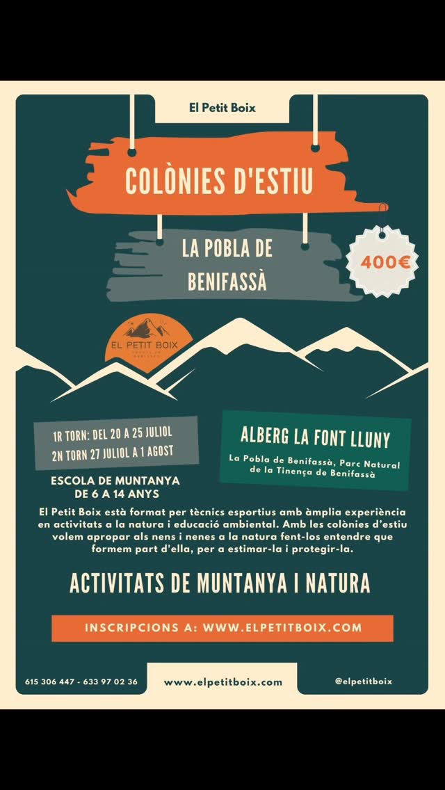 ☀️⛰️ ÚLTIMA CRIDA! ⛰️☀️

Les Colònies d'Estiu del Petit Boix al Parc Natural de la Tinença de Benifassà entren en la recta final! 🚨

📅 Només queden dues setmanes per inscriure's! 📝 Tanquem inscripcions l'1 de juliol o abans si s'esgoten les places. Les places són limitades. 

Durant 6 dies i 5 nits, els participants viuran una experiència única envoltats de natura, amistat i aventura: 🥾 Senderisme 🧭 Orientació 🏃 Trail running 🏕️ Acampada 🌿 Educació ambiental 🎯 Geocaching 🤝 Jocs cooperatius i molt més! 

Si vols que els teus fills i filles visquin un estiu diferent, aprenguin a estimar la natura i creïn records per a tota la vida, ara és el moment!

📍 Alberg Font Lluny - La Pobla de Benifassà 📅 Torns: 20-25 de juliol i 27 de juliol-1 d'agost. 

👉 Inscripcions obertes a www.elpetitboix.com

#elpetitboix #coloniesdestiu #escolademuntanya #escoladenatura #pntinença