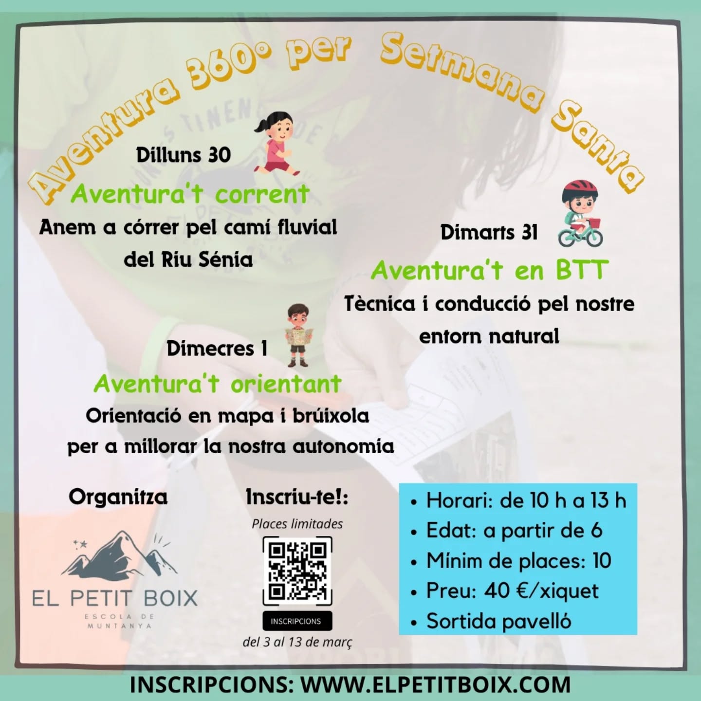 ⚠️ Última setmana d’inscripcions!

Encara esteu a temps d’apuntar-vos a Aventura 360° per Setmana Santa 🌿

Tres matins d’esports de muntanya, jocs i natura perquè els xiquets i xiquetes visquin unes vacances actives, facin amics i guanyin autonomia al medi natural.

📅 Places limitades

👉 Inscripcions al link de la bio.

#elpetitboix #escolademuntanya #escoladenatura #lasénia #terresdelsénia